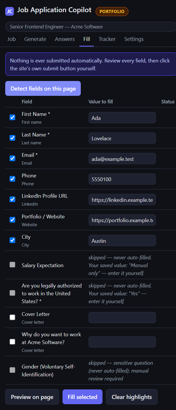 ATS Copilot Fill tab listing detected form fields with checkboxes and values for safe fields, while salary, work authorization, and gender rows read 'skipped — never auto-filled'