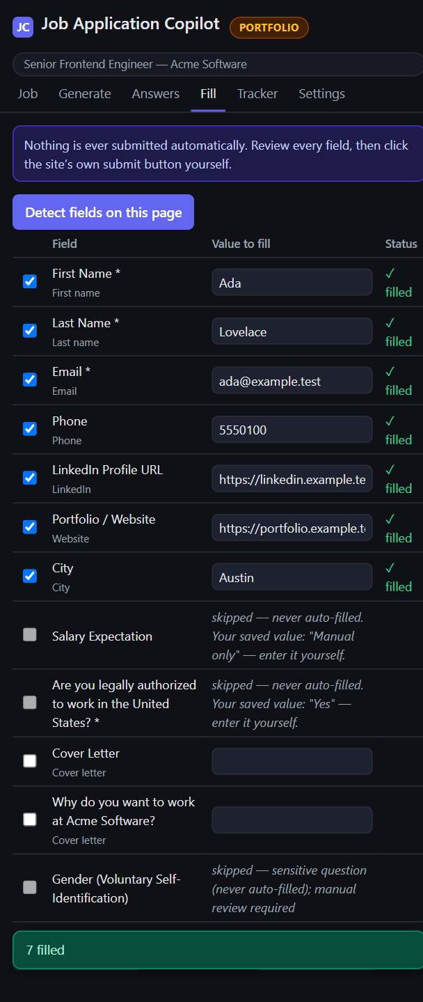 ATS Copilot Fill tab after filling, showing seven fields with a green 'filled' status, sensitive fields still marked skipped, and a '7 filled' confirmation