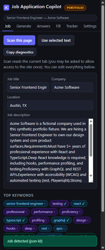 ATS Copilot panel showing a successful synthetic job scan
