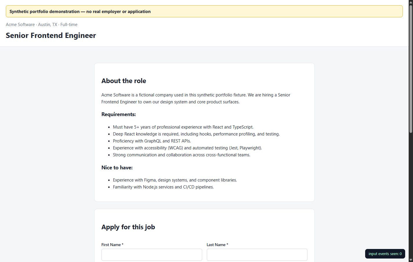 Synthetic application page used to verify safe field filling