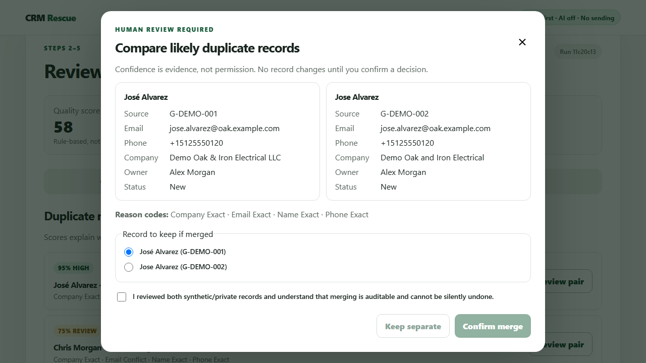 CRM Rescue duplicate review with two synthetic contact records and a required decision