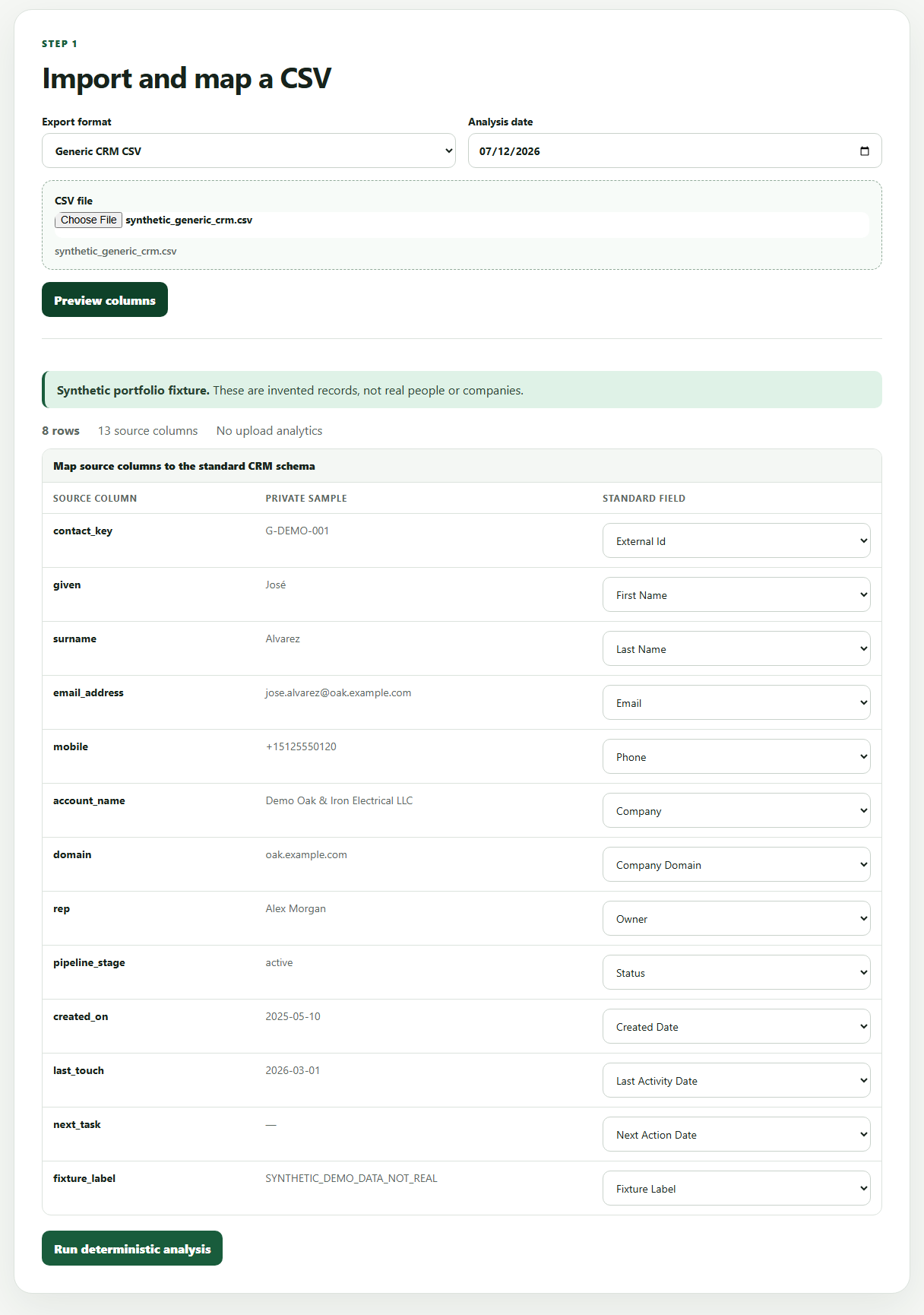 CRM Rescue import step showing a synthetic CSV loaded, its 13 source columns, and dropdowns mapping each column to a standard CRM field