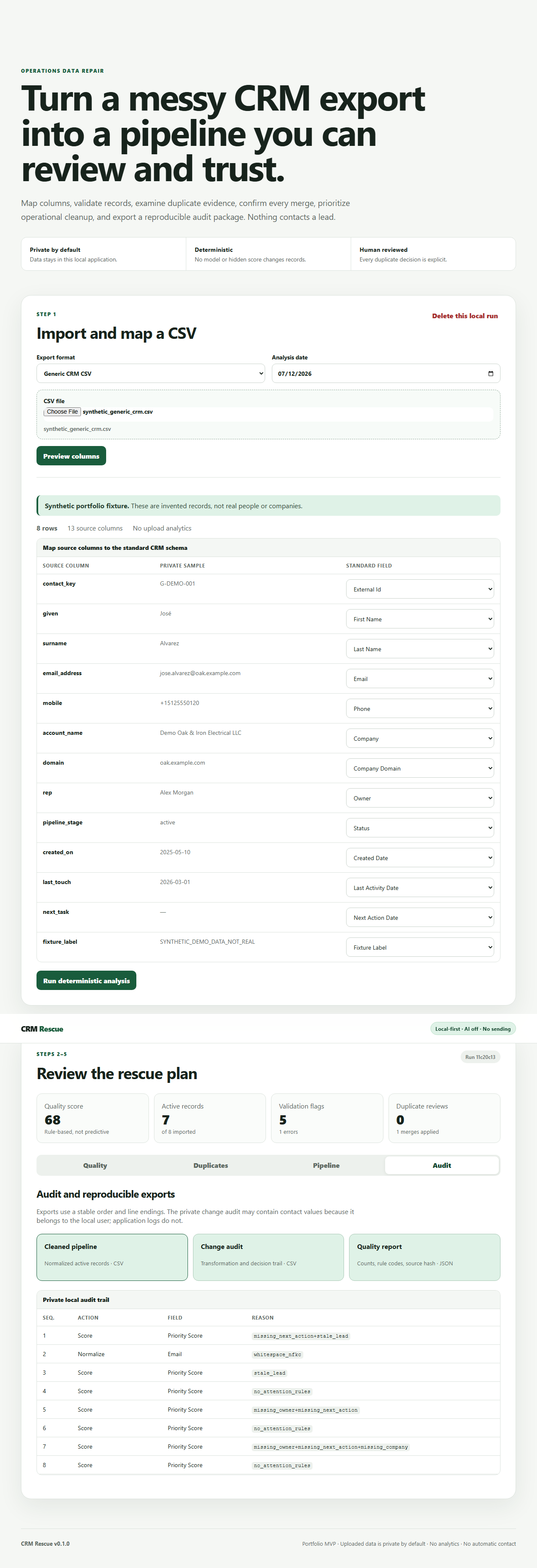 CRM Rescue results, audit, and export interface